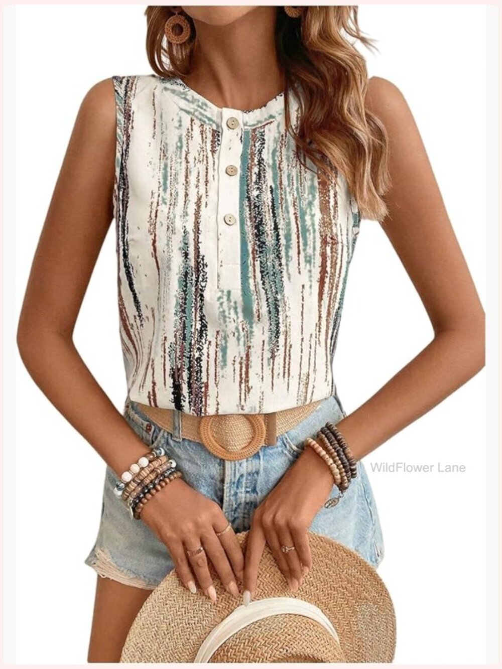 Sleeveless Printed Blouse Women's Summer Button Top Crew Neck